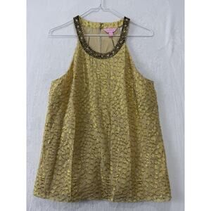 Lilly Pulitzer Corscia Metallic Gold Jacquard Silk Blend Beaded Top Size Medium